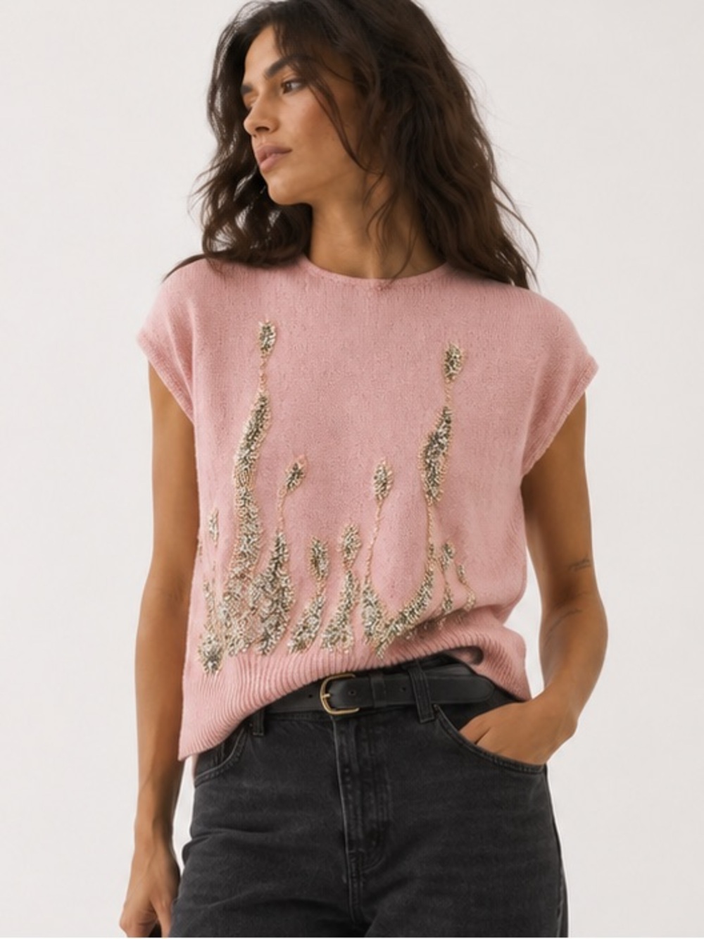 Vintage Y2K Silk Angora Sequin Sweater Pink Short Sleeve Knit Indie Fairy S